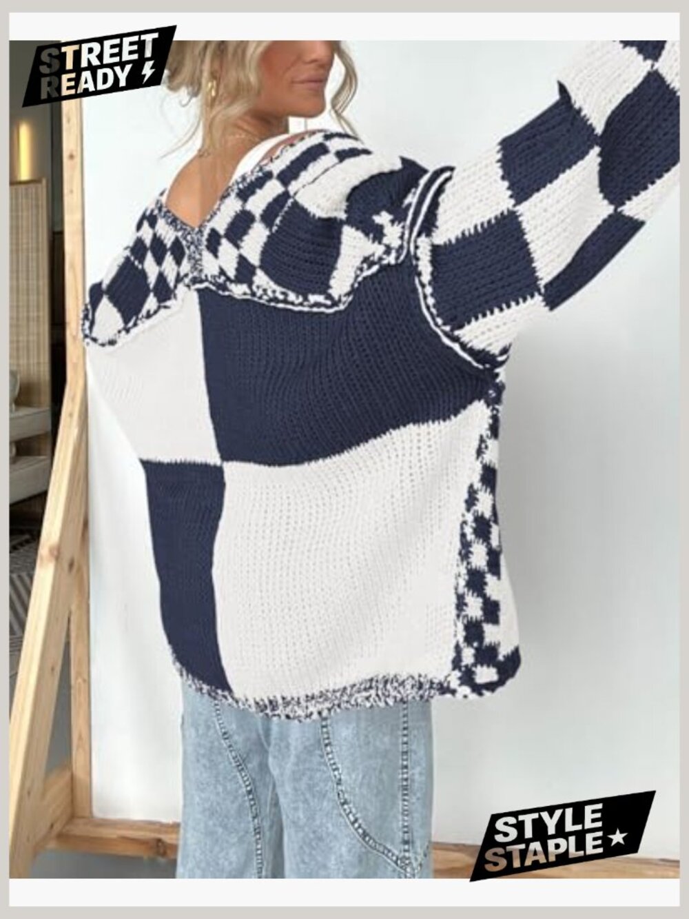Casual Open Front Chunky Knit Cardigan Sweater Long Sleeve Checkered - Picture 6 of 7
